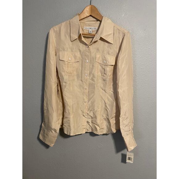Tommy Hilfiger Shirt Womens 12 Beige Silk Collared Button Up Deadstock Y2K - Picture 1 of 9